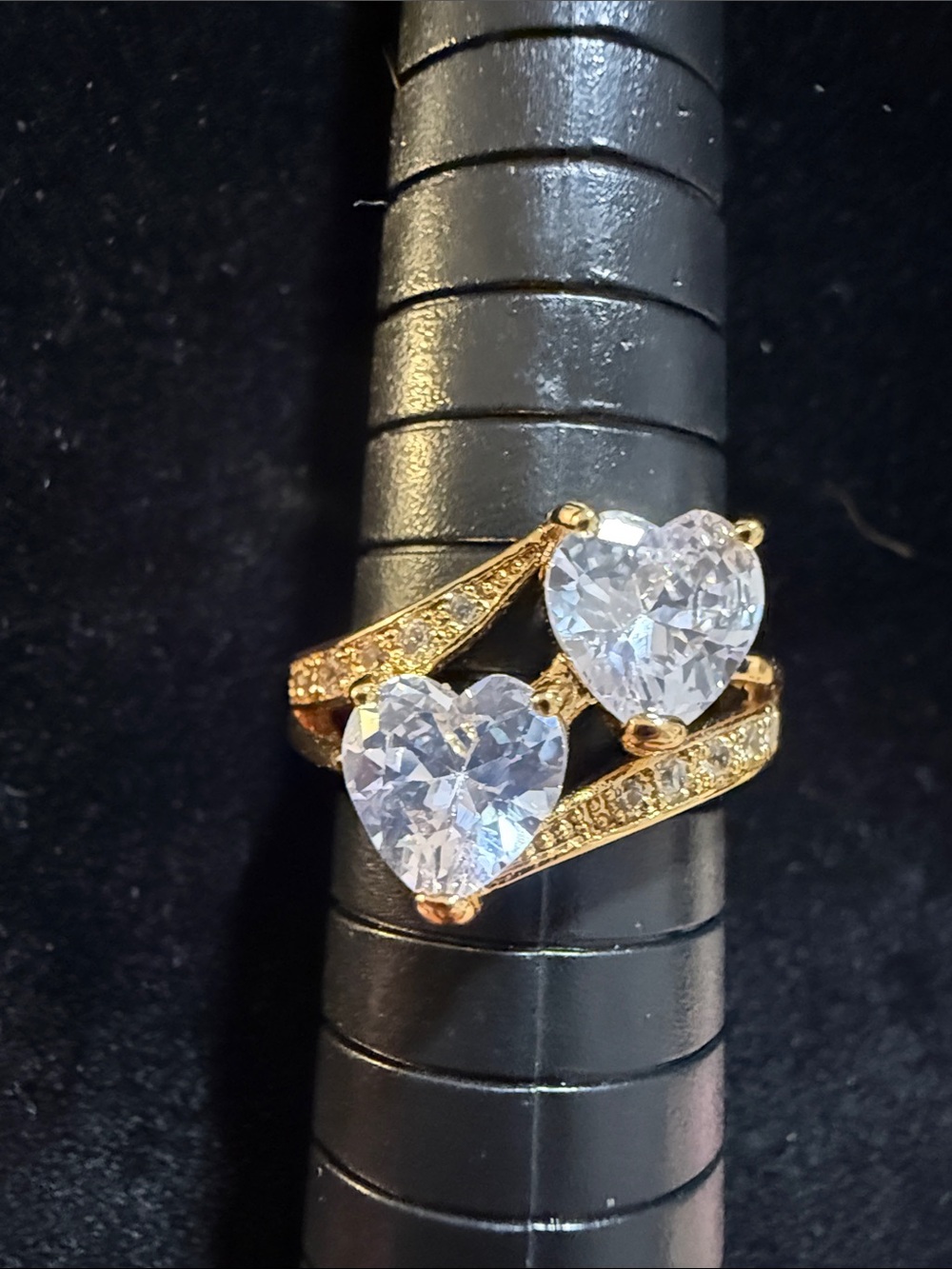 New Women’s Gold-Plated Double Heart Ring with Crystal Faceted size 6.5